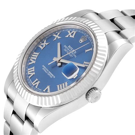 rolex date just 2 blue dial sticks fluted bezel